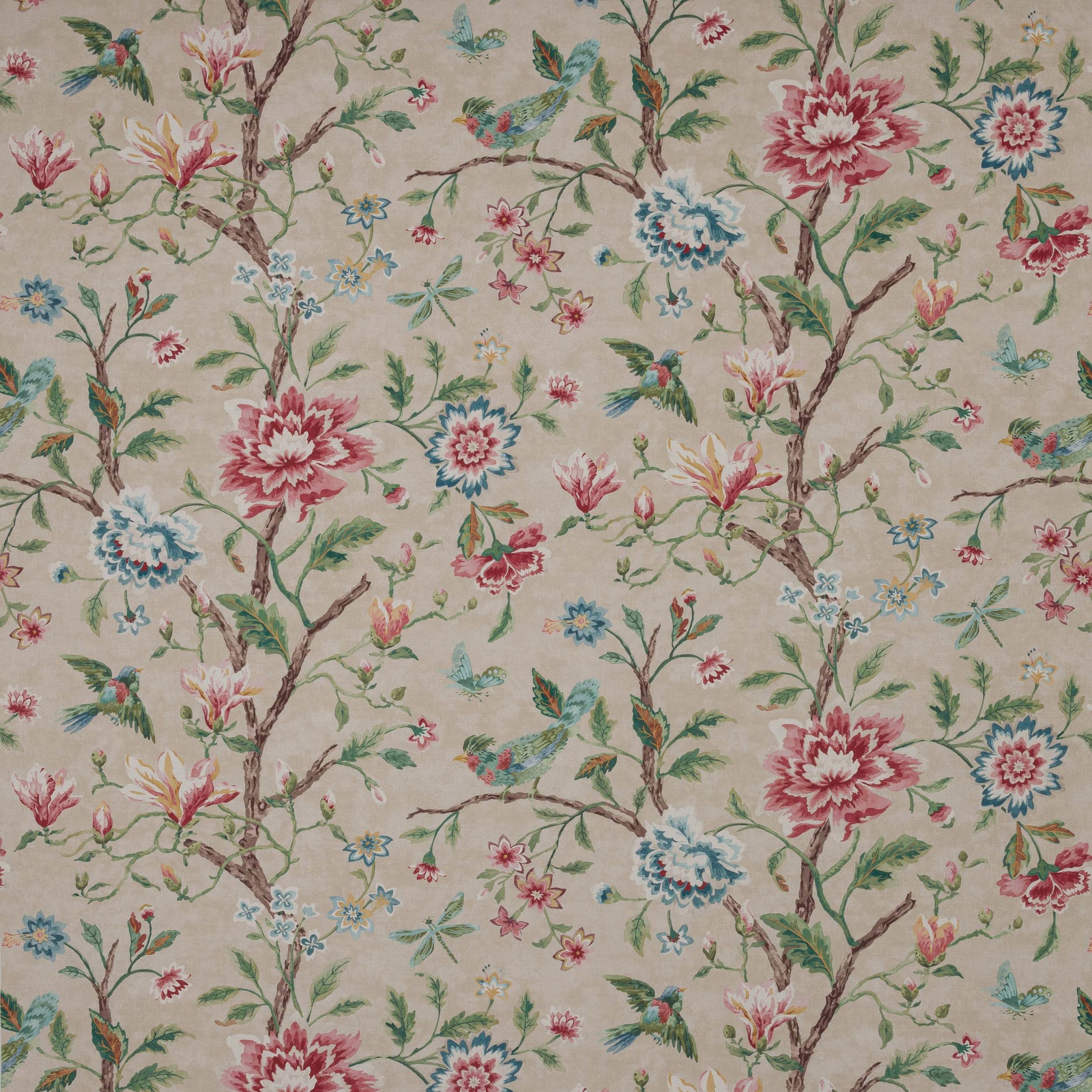 Painterly floral fabric with pink, green and blue blossoms on a natural ground