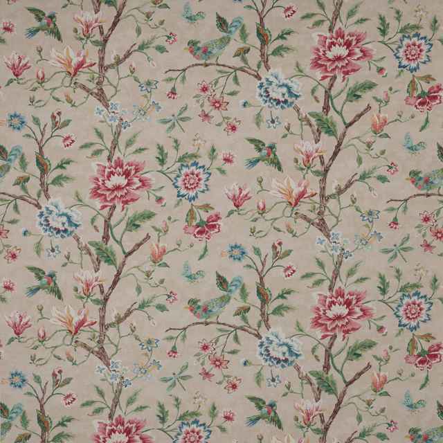 Painterly floral fabric with pink, green and blue blossoms on a natural ground