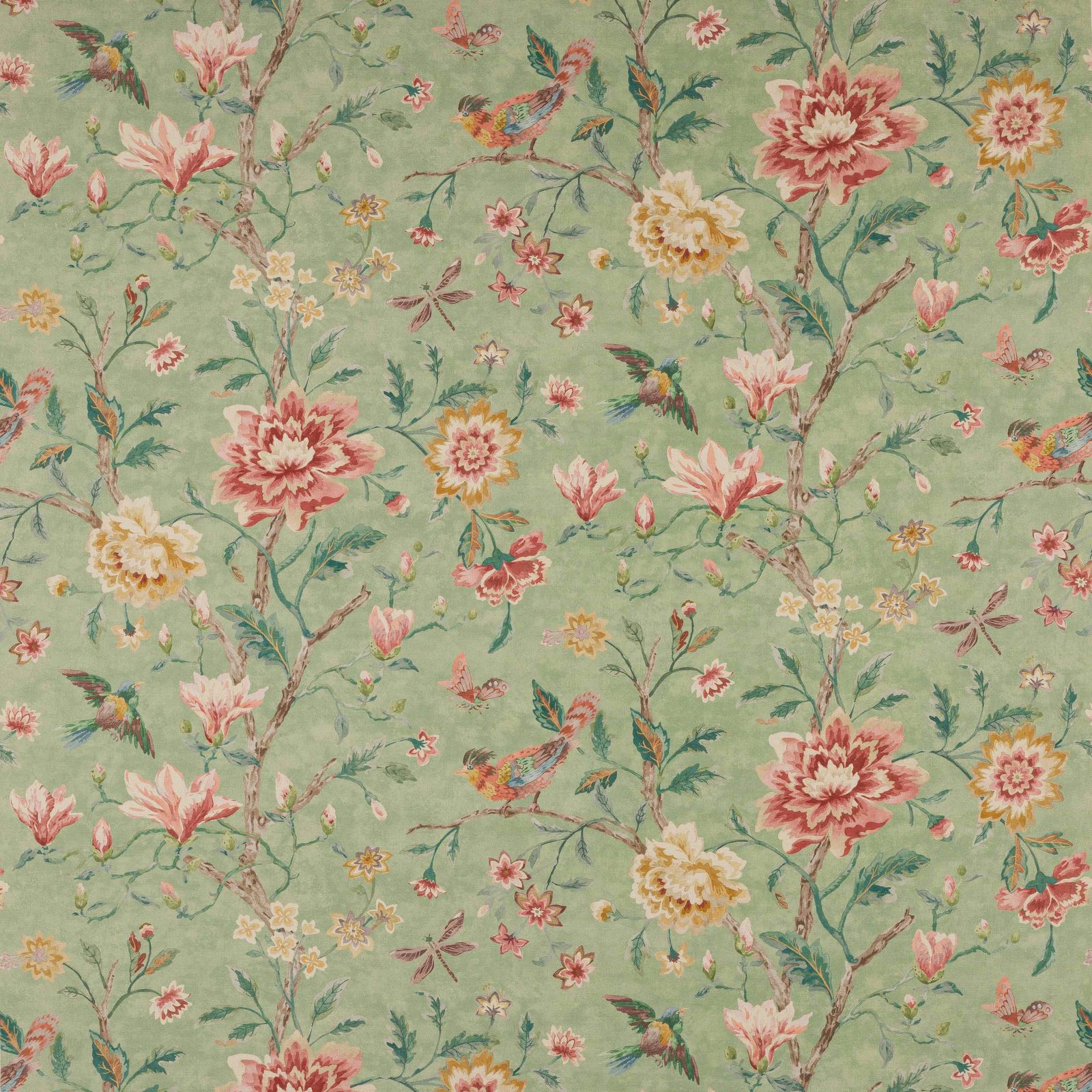 Sage green floral fabric with birds, branches and pink blooms