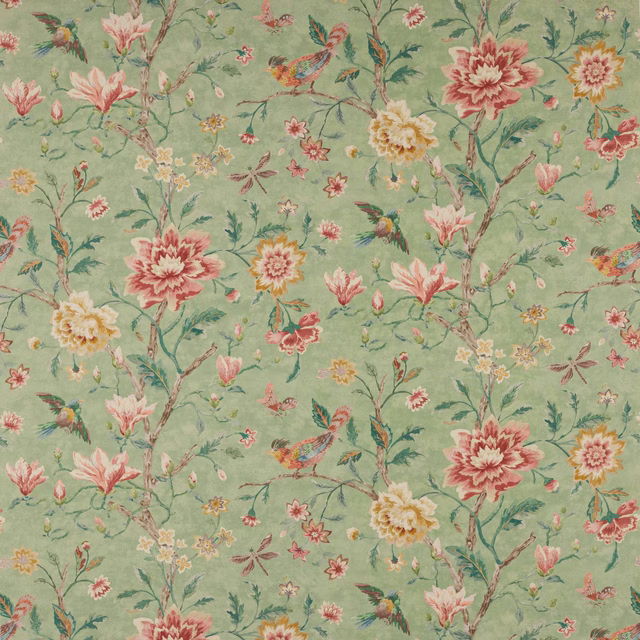 Sage green floral fabric with birds, branches and pink blooms
