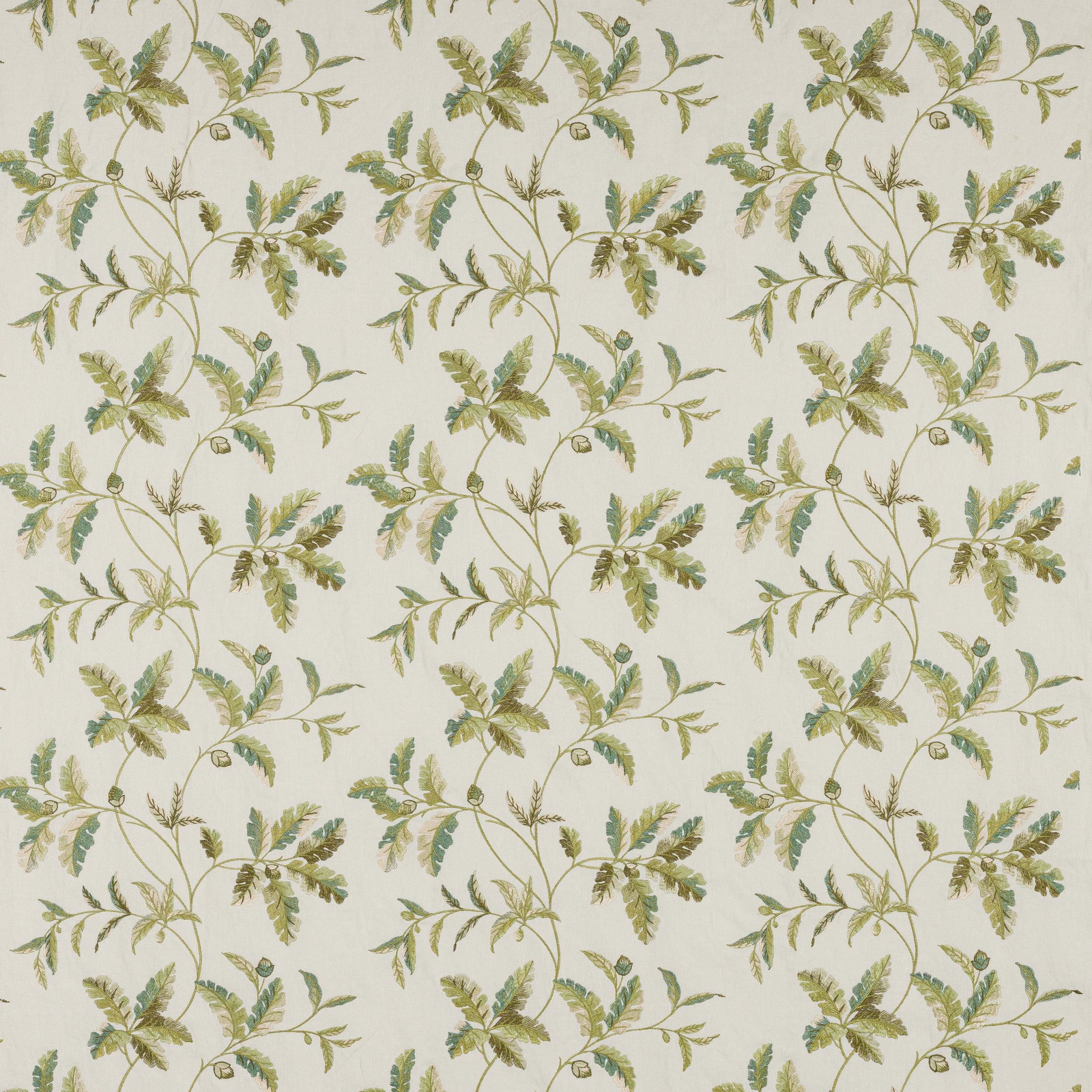 Repeated leafy botanical sprigs in leaf green and cream on a pale ground