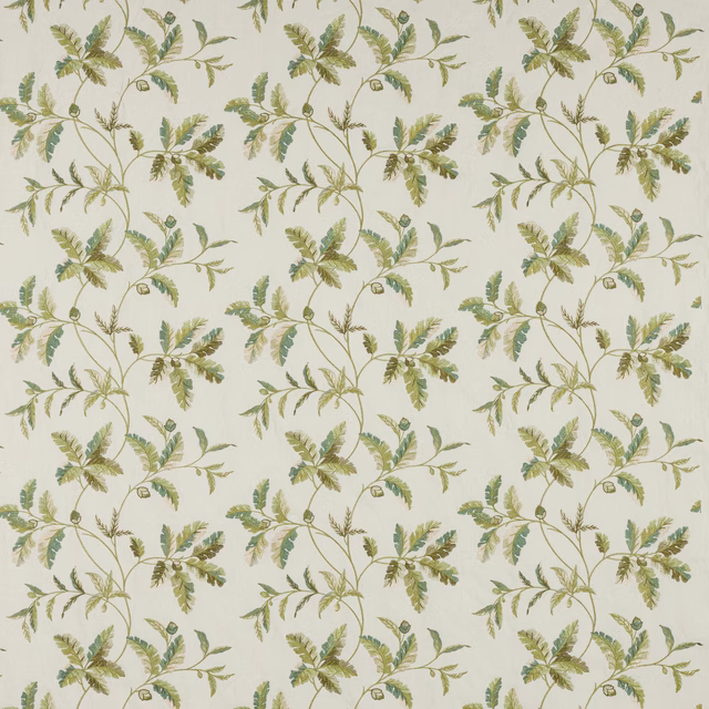 Repeated leafy botanical sprigs in leaf green and cream on a pale ground