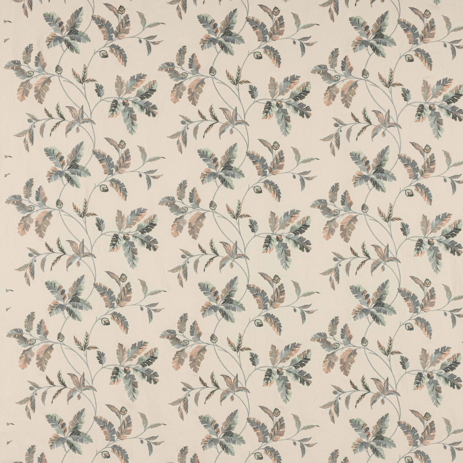 Cream botanical fabric with soft old blue and blush leaf trails