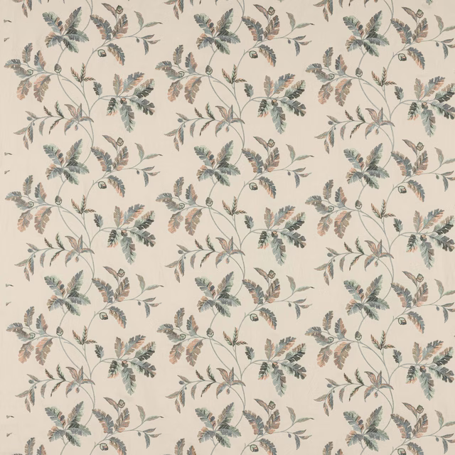 Cream botanical fabric with soft old blue and blush leaf trails