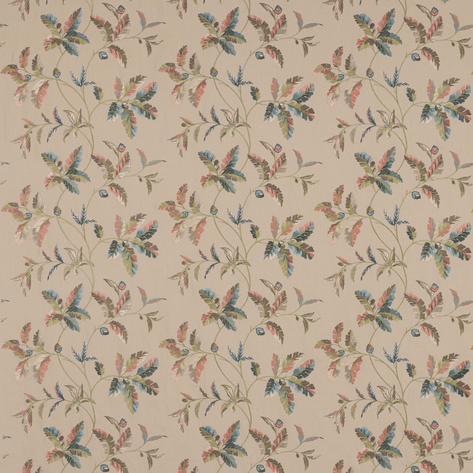 Repeat floral swatch on a muted olive-beige ground with blue-green and pink leaves