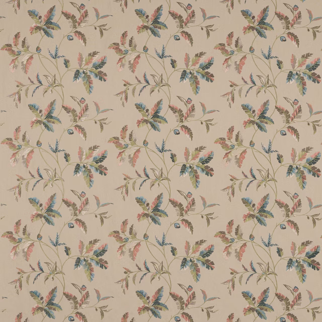 Repeat floral swatch on a muted olive-beige ground with blue-green and pink leaves