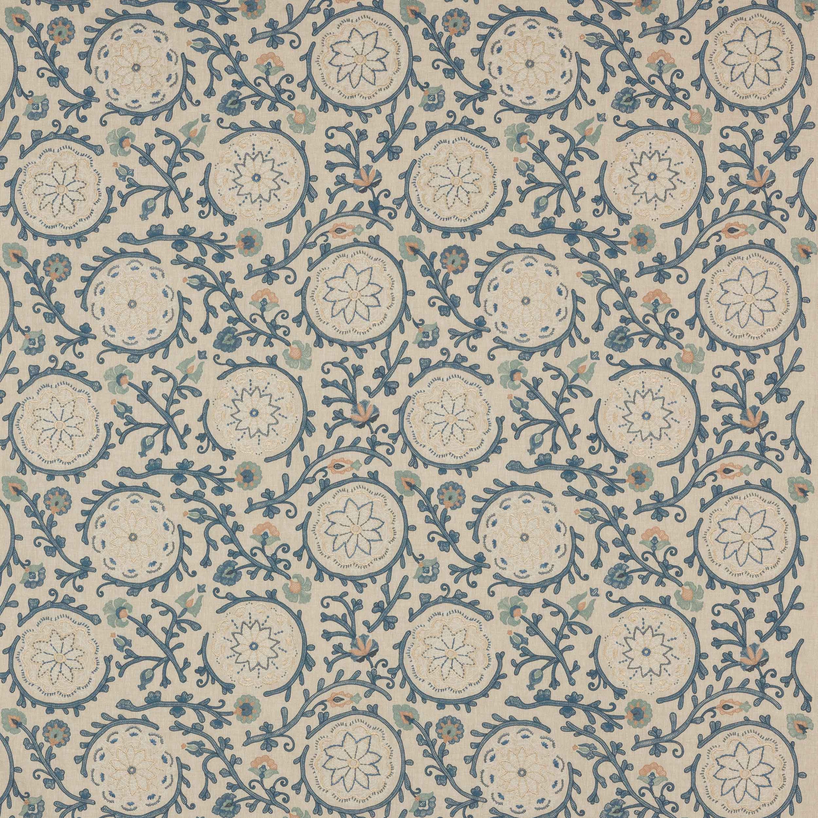 Patterned linen-blend fabric in soft blue and cream floral circles with scrolling vines
