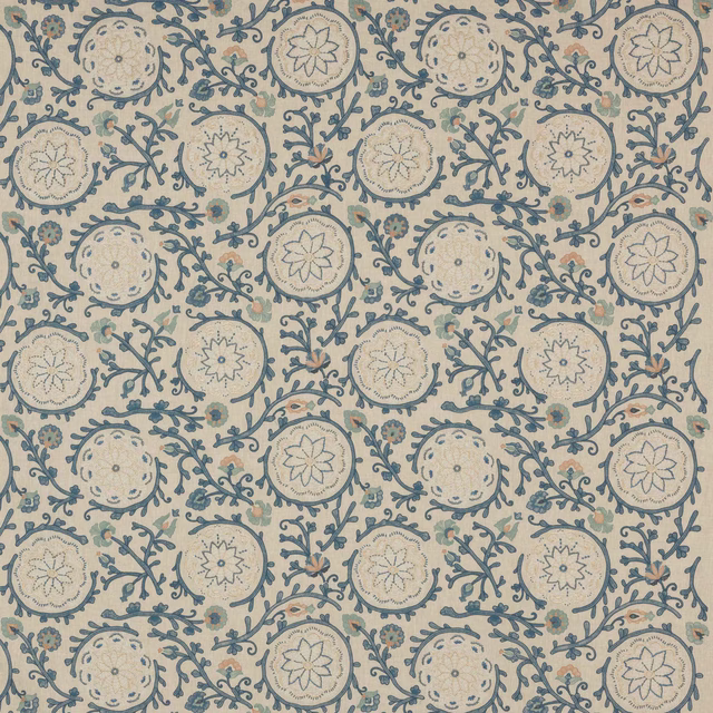 Patterned linen-blend fabric in soft blue and cream floral circles with scrolling vines