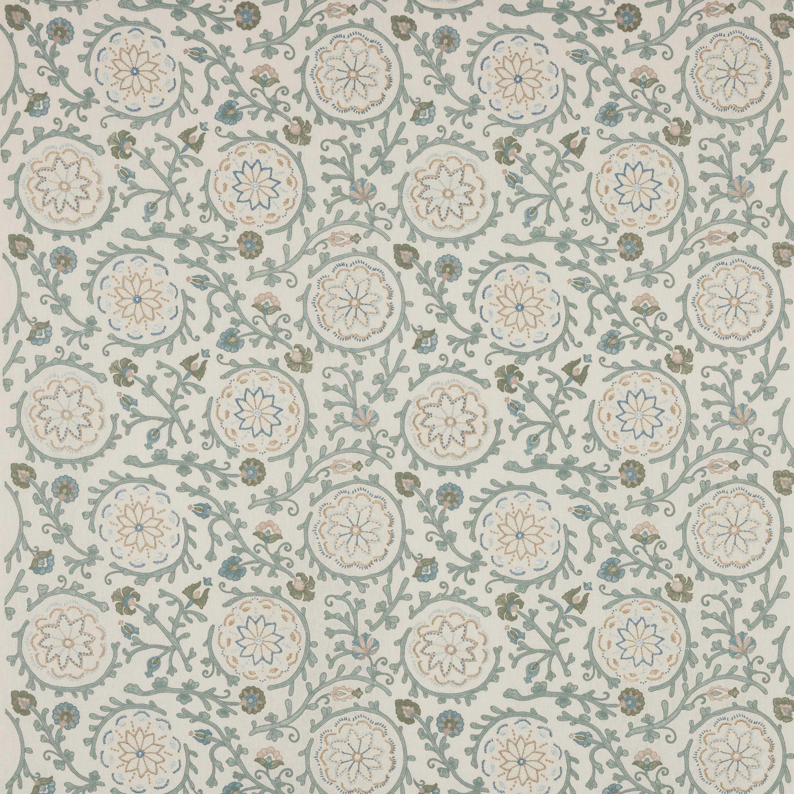 Pale patterned fabric with scrolling vines and circular floral medallions in muted old blue