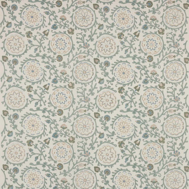 Pale patterned fabric with scrolling vines and circular floral medallions in muted old blue