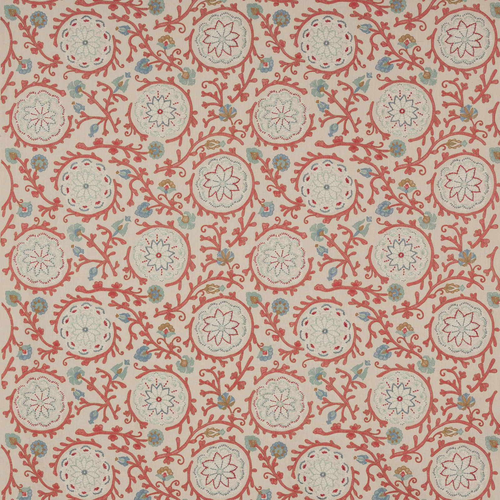 Caspian Tomato fabric swatch showing coral red scrolling florals on a natural ground