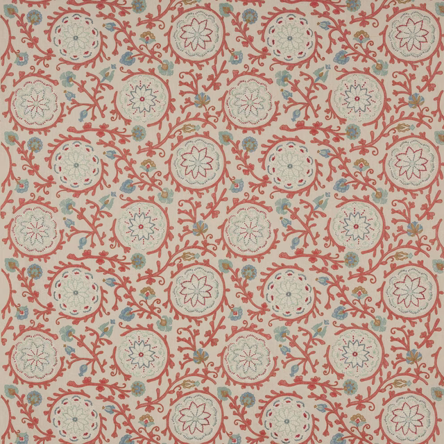 Caspian Tomato fabric swatch showing coral red scrolling florals on a natural ground
