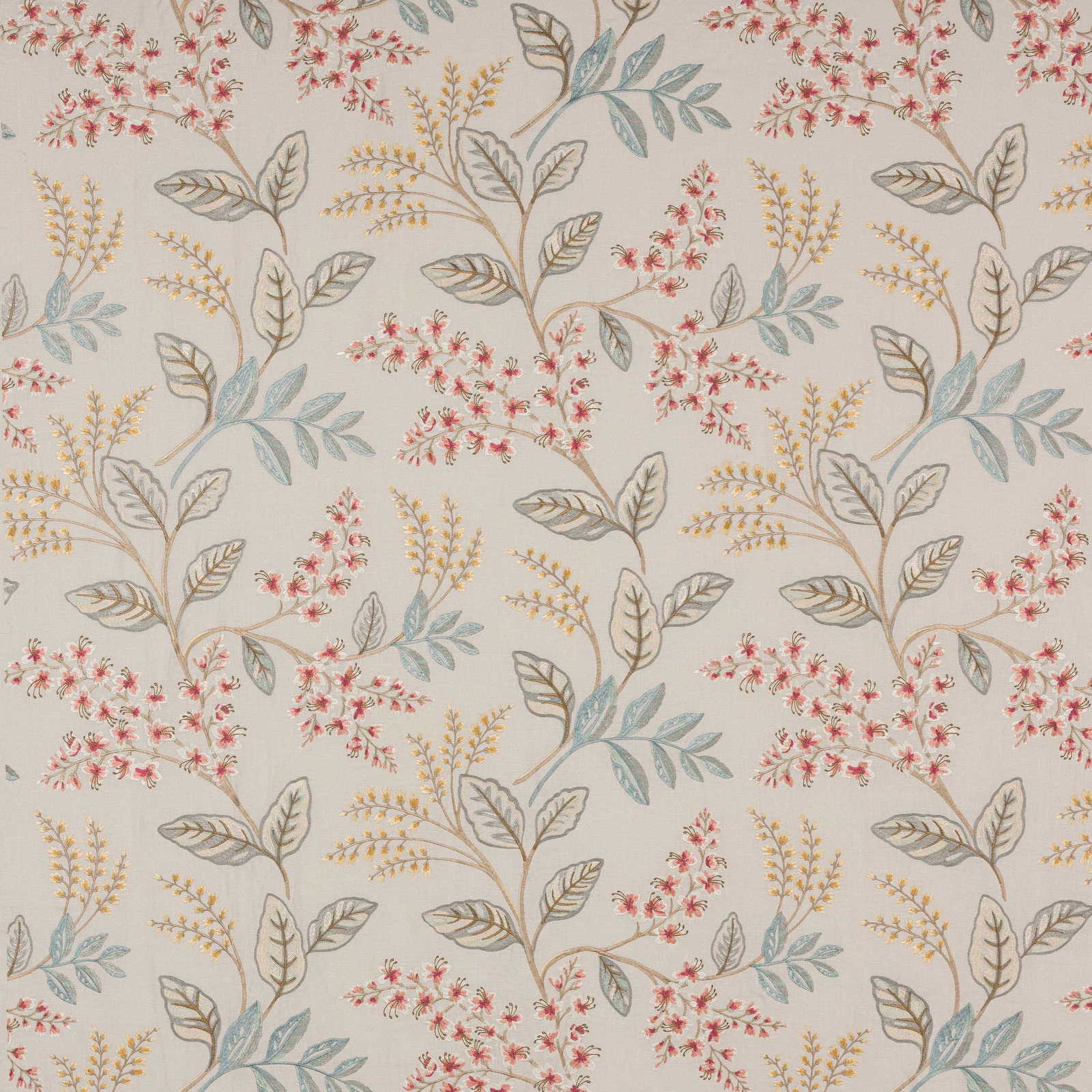 Cream floral fabric with pink blossoms, old blue leaves and taupe stems