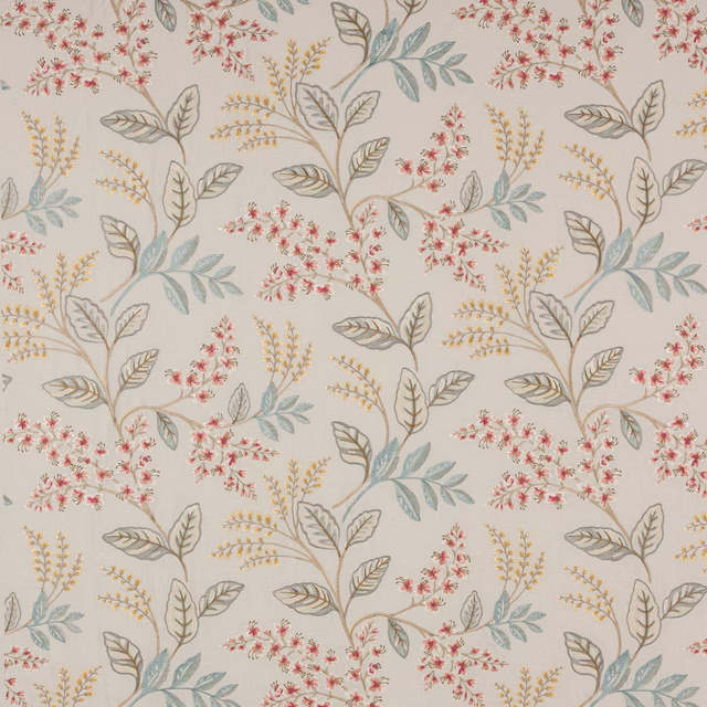 Cream floral fabric with pink blossoms, old blue leaves and taupe stems