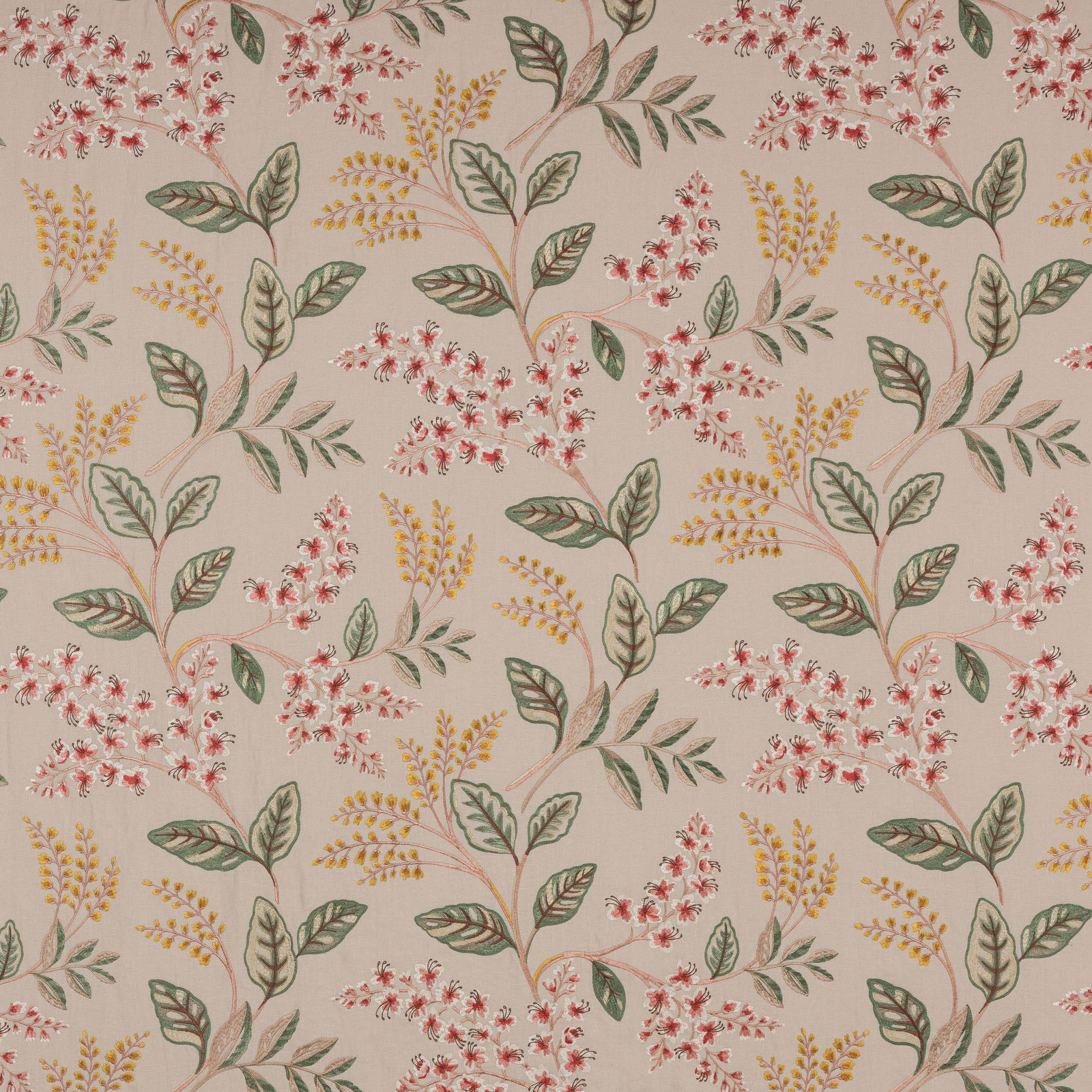 Botanical floral fabric with soft red blossoms, sage leaves and yellow sprigs on a pale ground