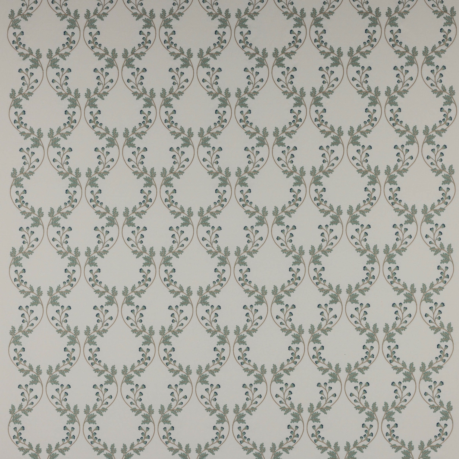 Repeated aqua-green botanical wreath pattern on a pale cream fabric ground