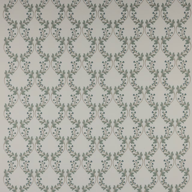 Repeated aqua-green botanical wreath pattern on a pale cream fabric ground
