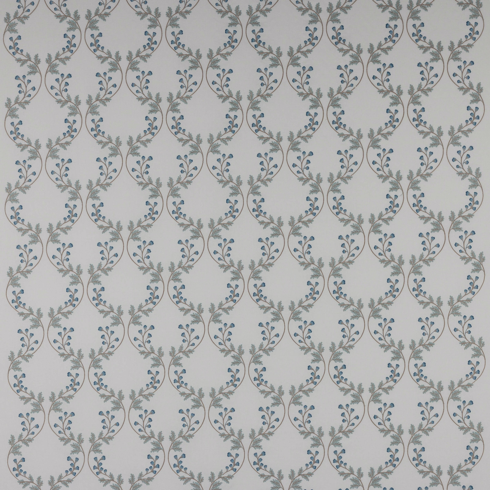 Pale fabric swatch with repeating blue leaf scrolls and soft grey-green vines