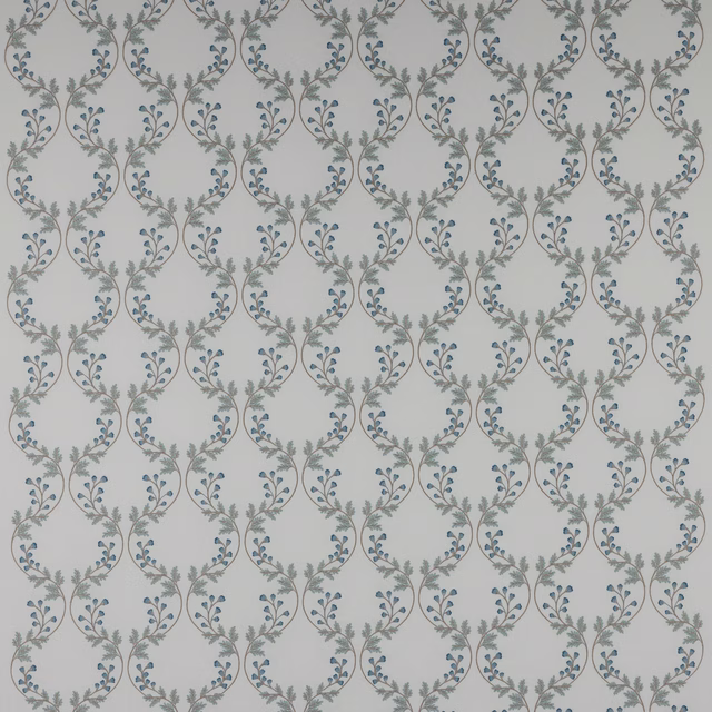 Pale fabric swatch with repeating blue leaf scrolls and soft grey-green vines