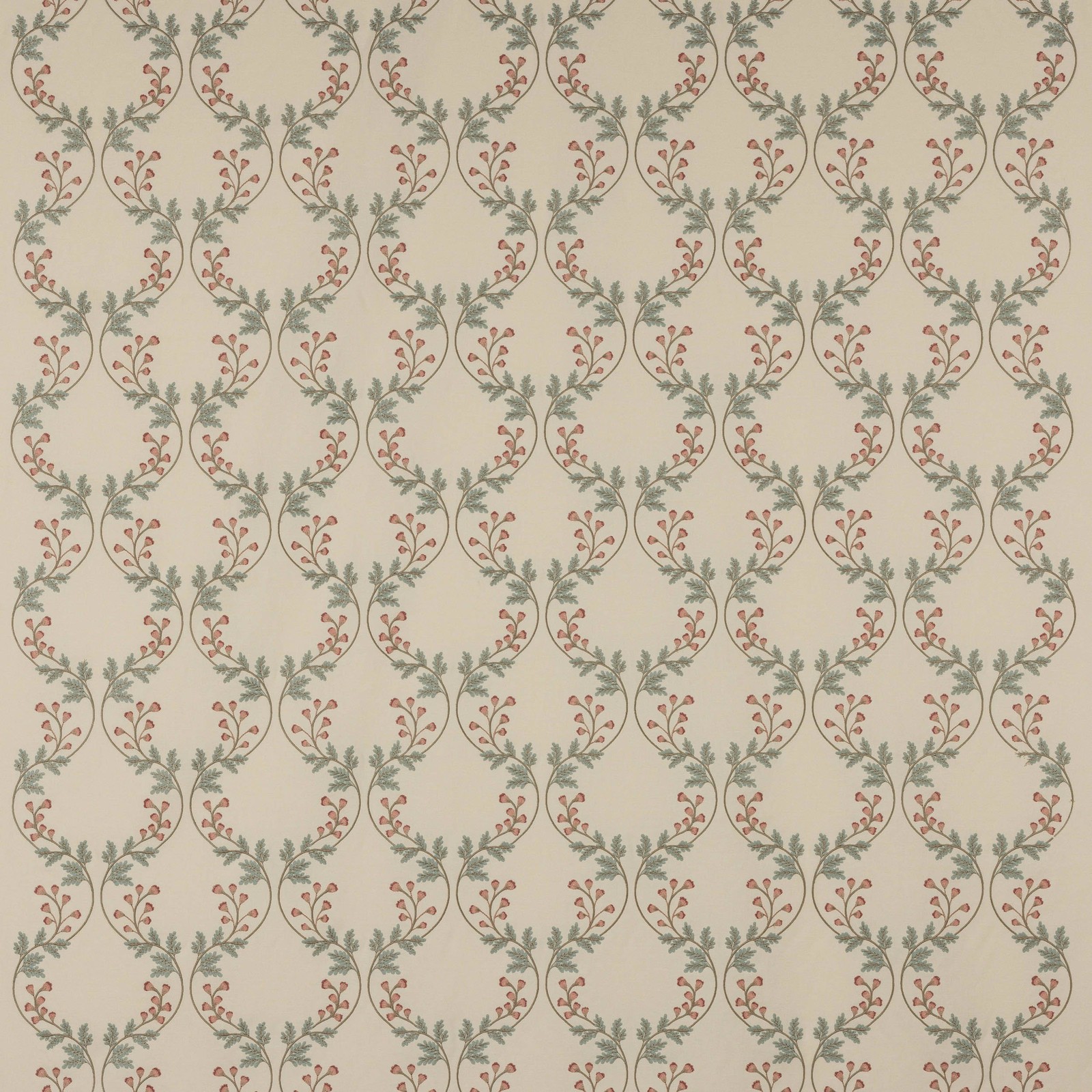 Cream fabric with looping vine wreaths in soft pink and old blue-green
