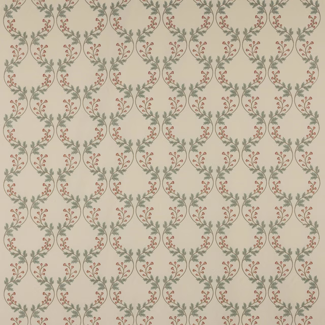 Cream fabric with looping vine wreaths in soft pink and old blue-green