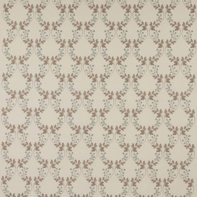 Beige floral trellis fabric with taupe garlands and small sage leaves