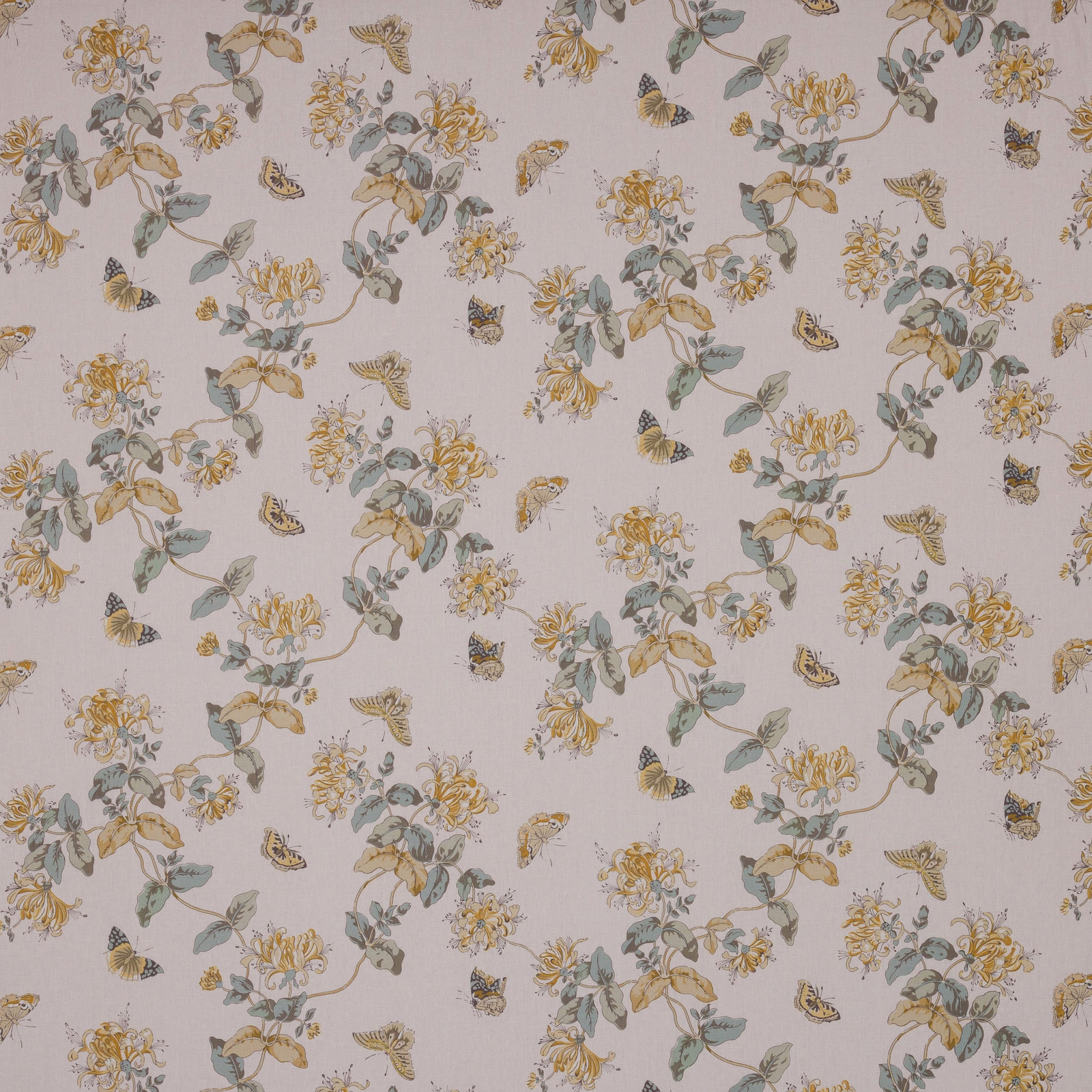 Pale floral linen with gold flowers, sage leaves and small butterflies