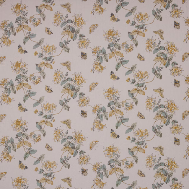 Pale floral linen with gold flowers, sage leaves and small butterflies