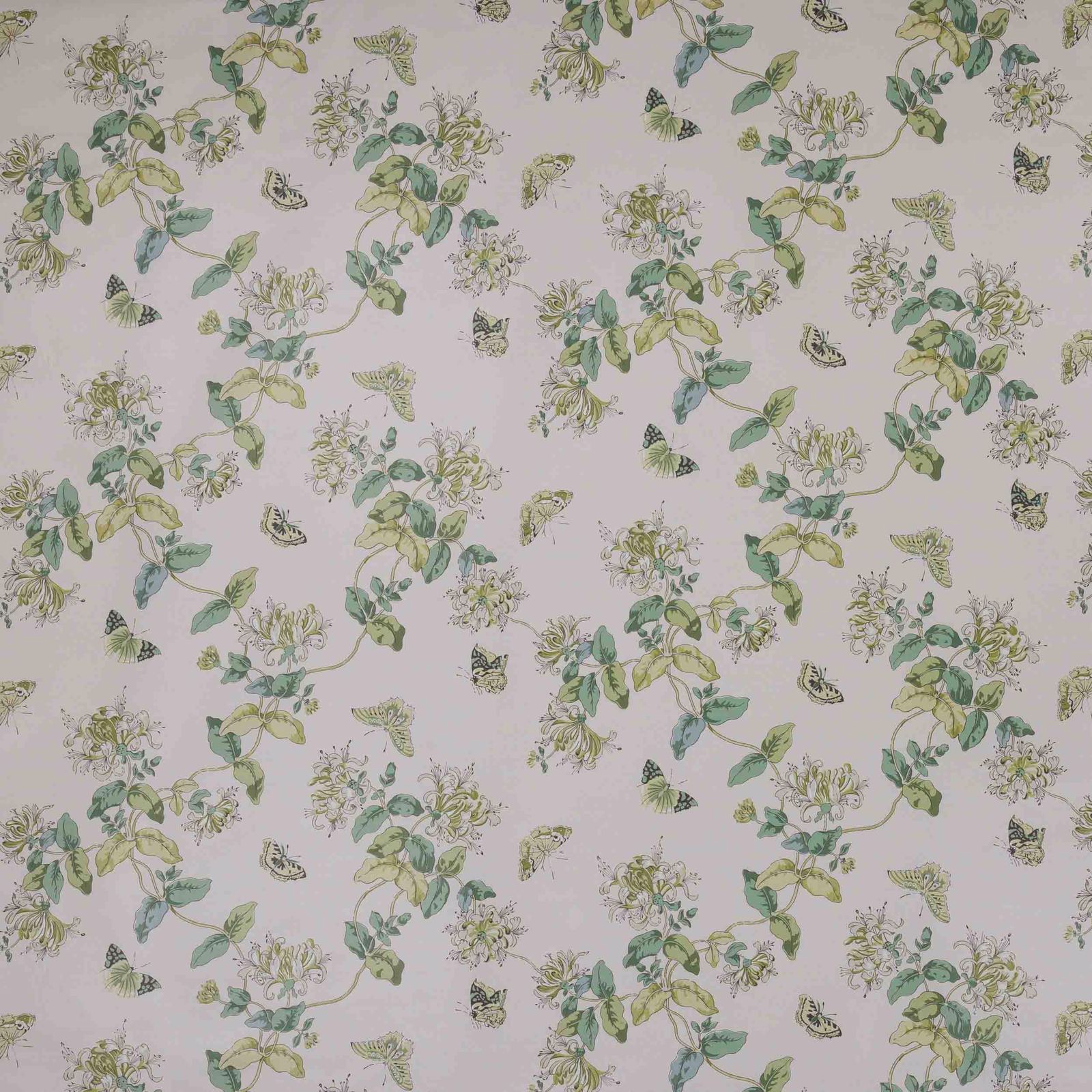 Pale floral chintz print with soft green vines and butterflies on cream