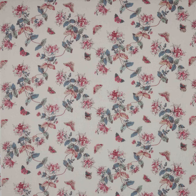 Cream linen fabric with scattered pink flowers, slate leaves and small butterflies