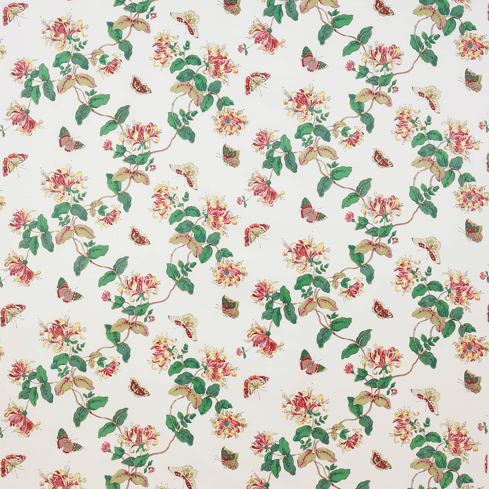 Ivory cotton chintz with red honeysuckle blooms, green leaves and butterflies