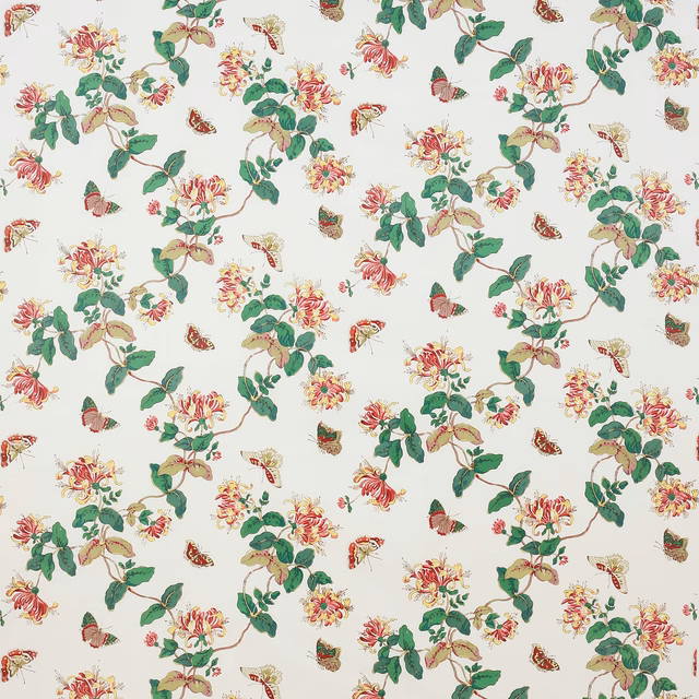 Ivory cotton chintz with red honeysuckle blooms, green leaves and butterflies