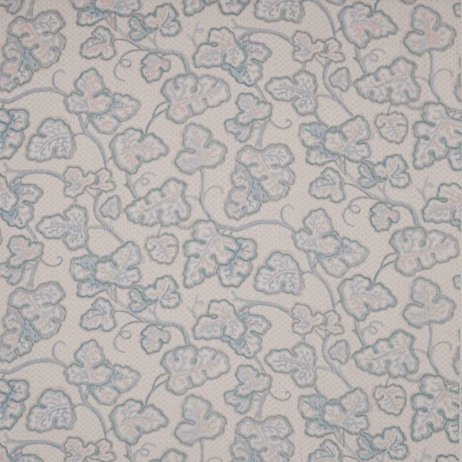 Pale aqua leaf damask on a light linen ground with soft grey outlines