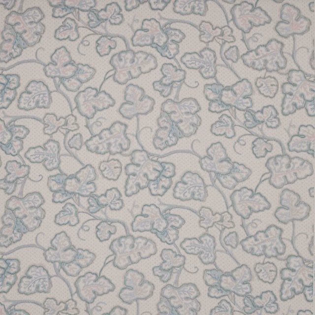Pale aqua leaf damask on a light linen ground with soft grey outlines