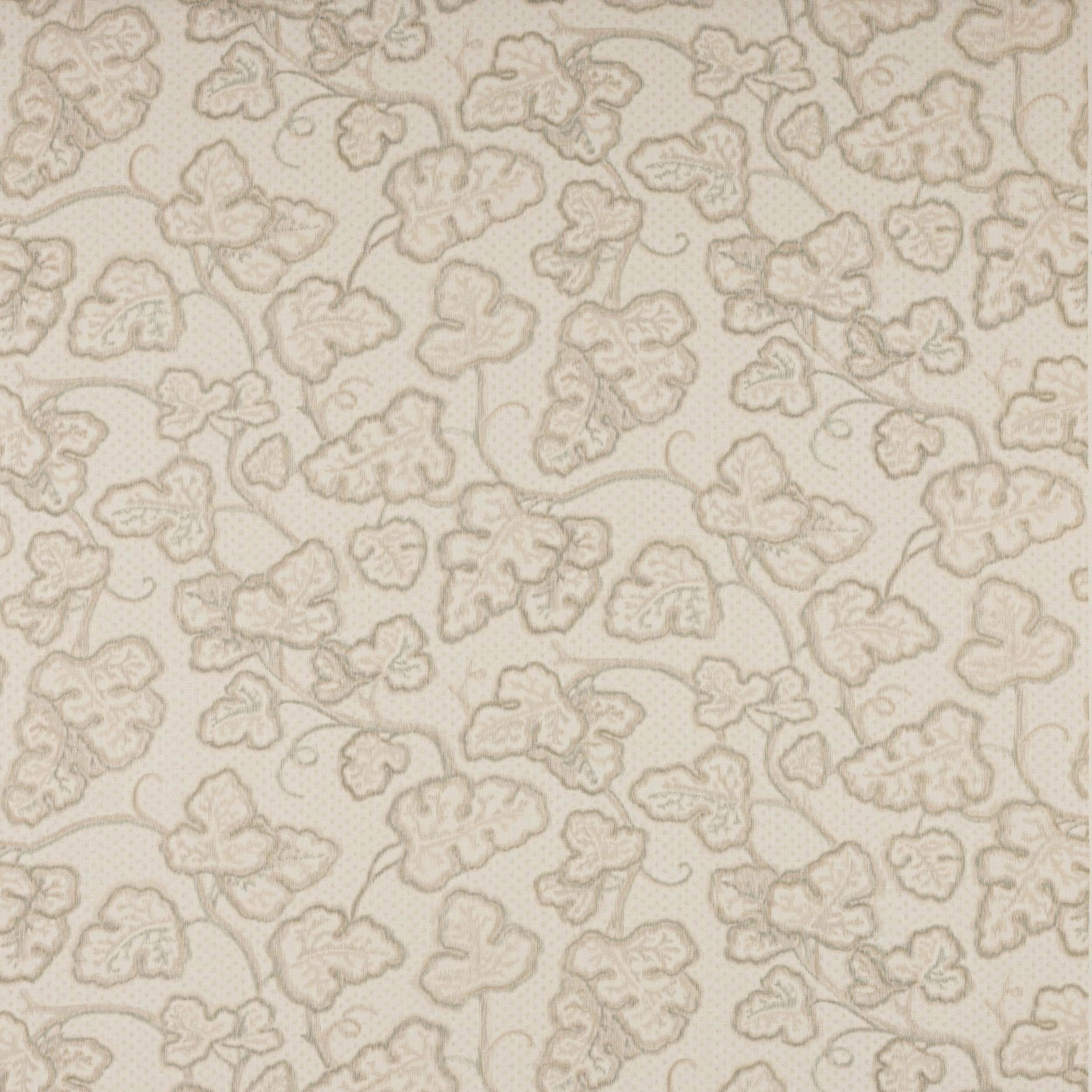 Cream linen damask fabric with scrolling leafy motif in soft beige outline