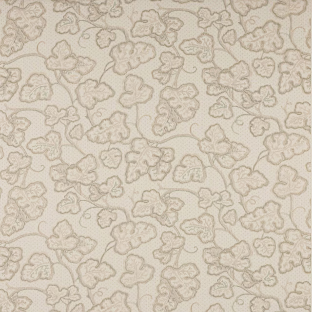 Cream linen damask fabric with scrolling leafy motif in soft beige outline