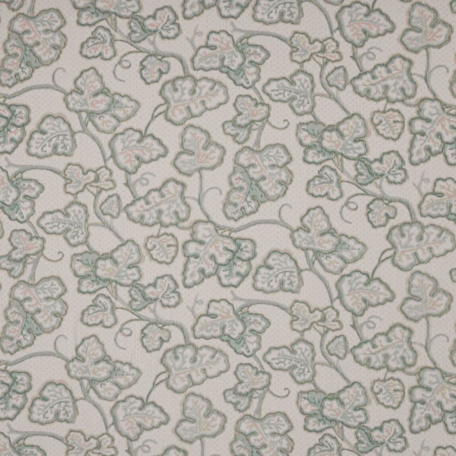 Pale sage green leaf damask on ivory linen fabric swatch