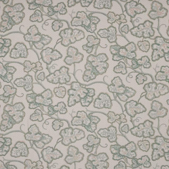 Pale sage green leaf damask on ivory linen fabric swatch