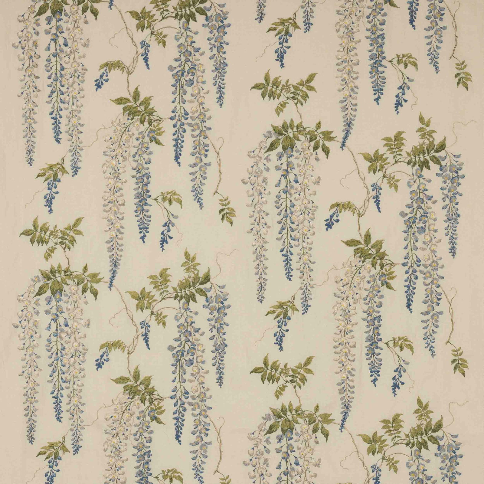 Cream fabric swatch with trailing blue and green wisteria floral print