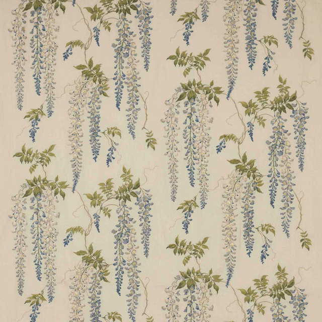 Cream fabric swatch with trailing blue and green wisteria floral print