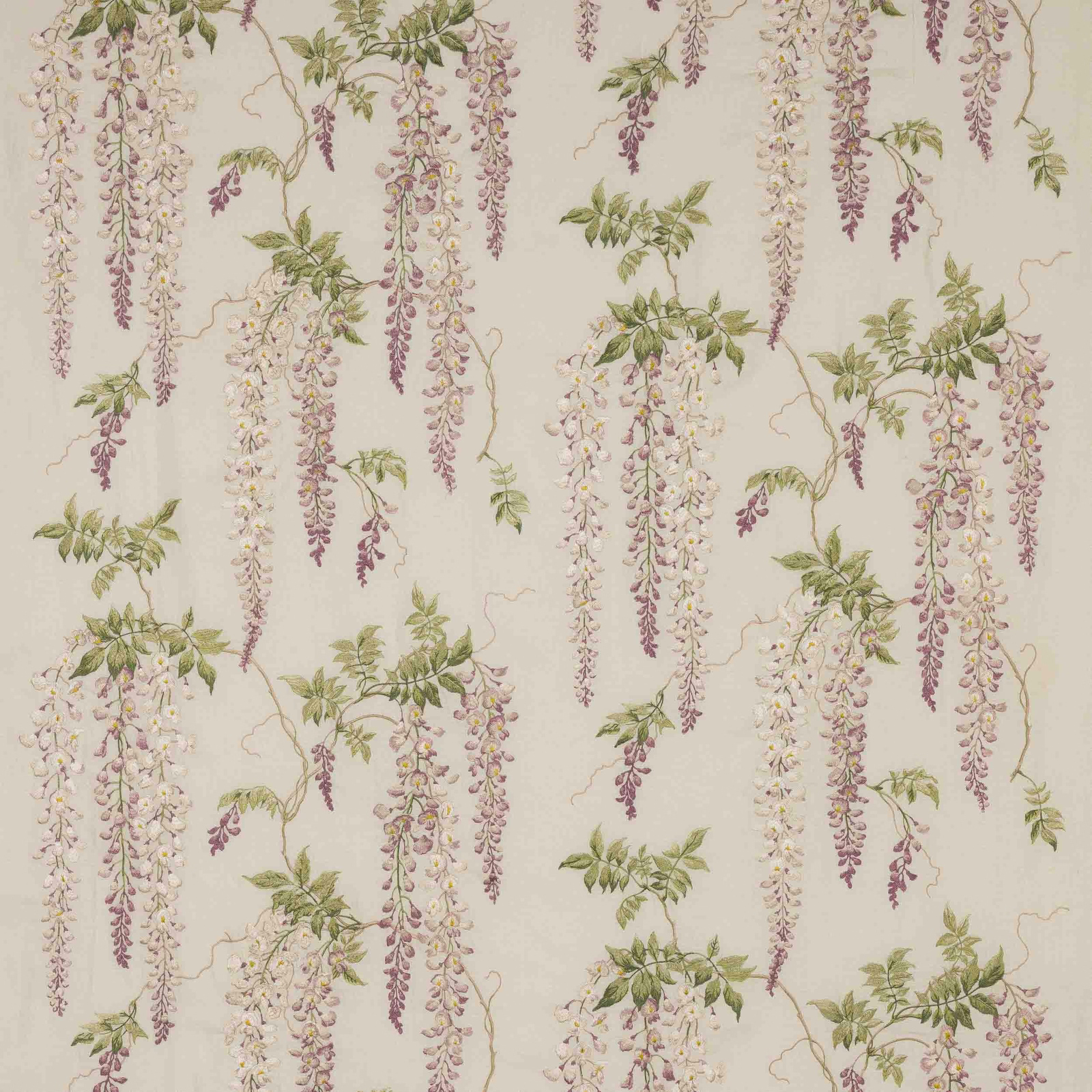 Cream floral fabric with hanging lilac wisteria and green leaf trails