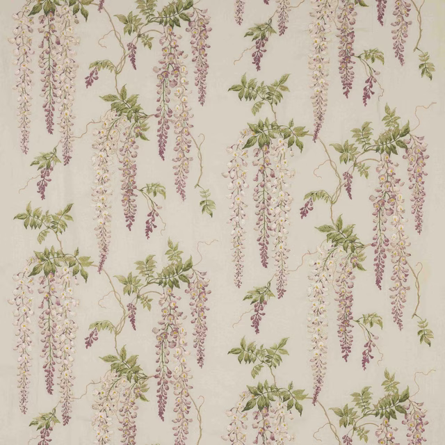 Cream floral fabric with hanging lilac wisteria and green leaf trails