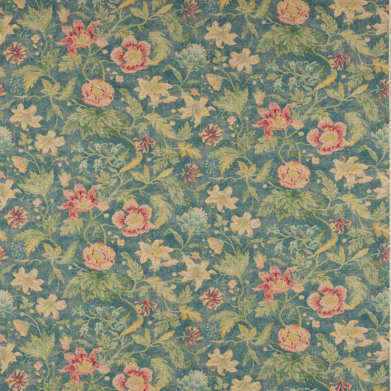 Painterly floral linen in muted teal blue with cream, pink and green blossoms