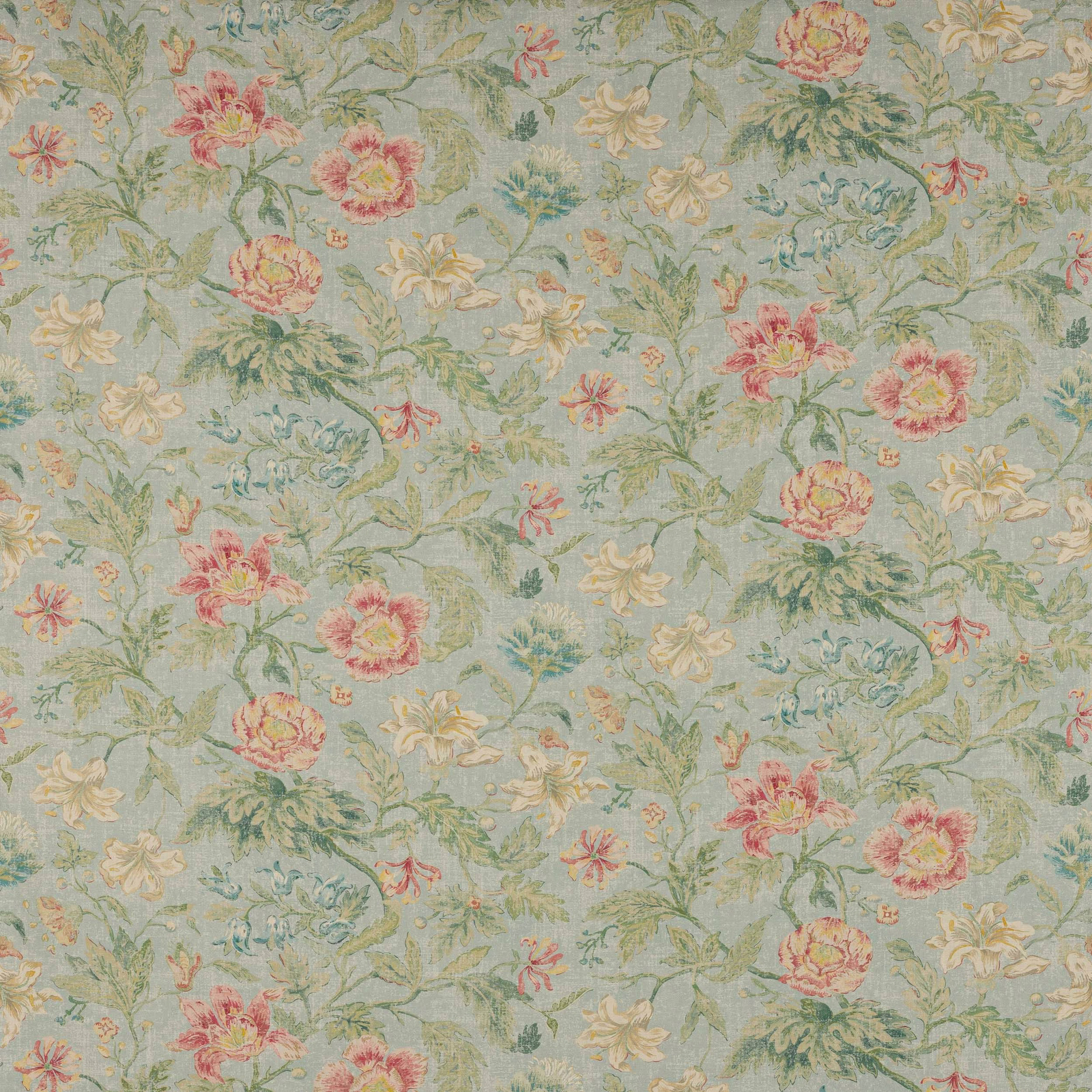 Soft powder-blue linen with a large floral tapestry print in rose, cream and green