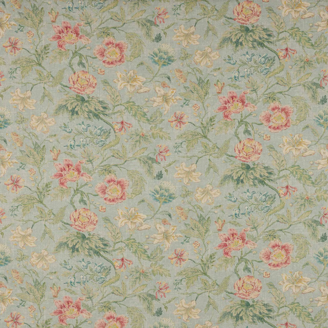 Soft powder-blue linen with a large floral tapestry print in rose, cream and green