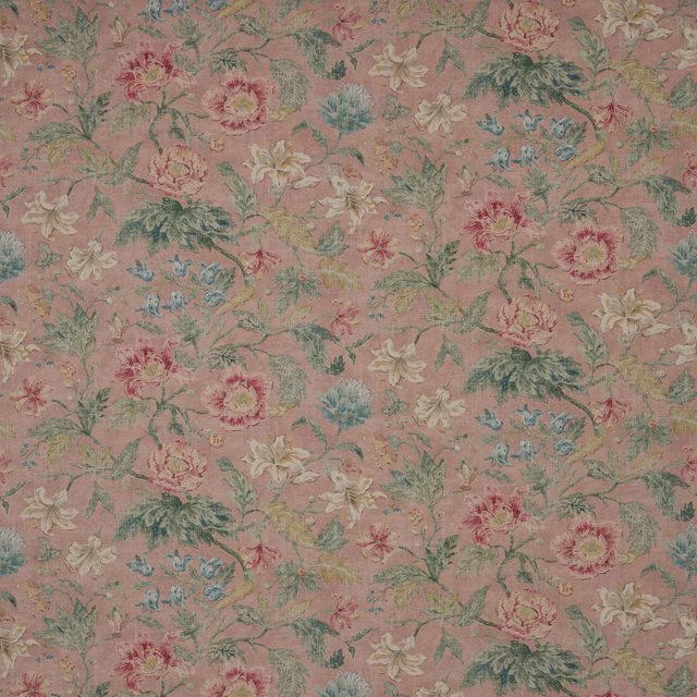 Dusty pink linen fabric with painterly floral and trailing vine pattern