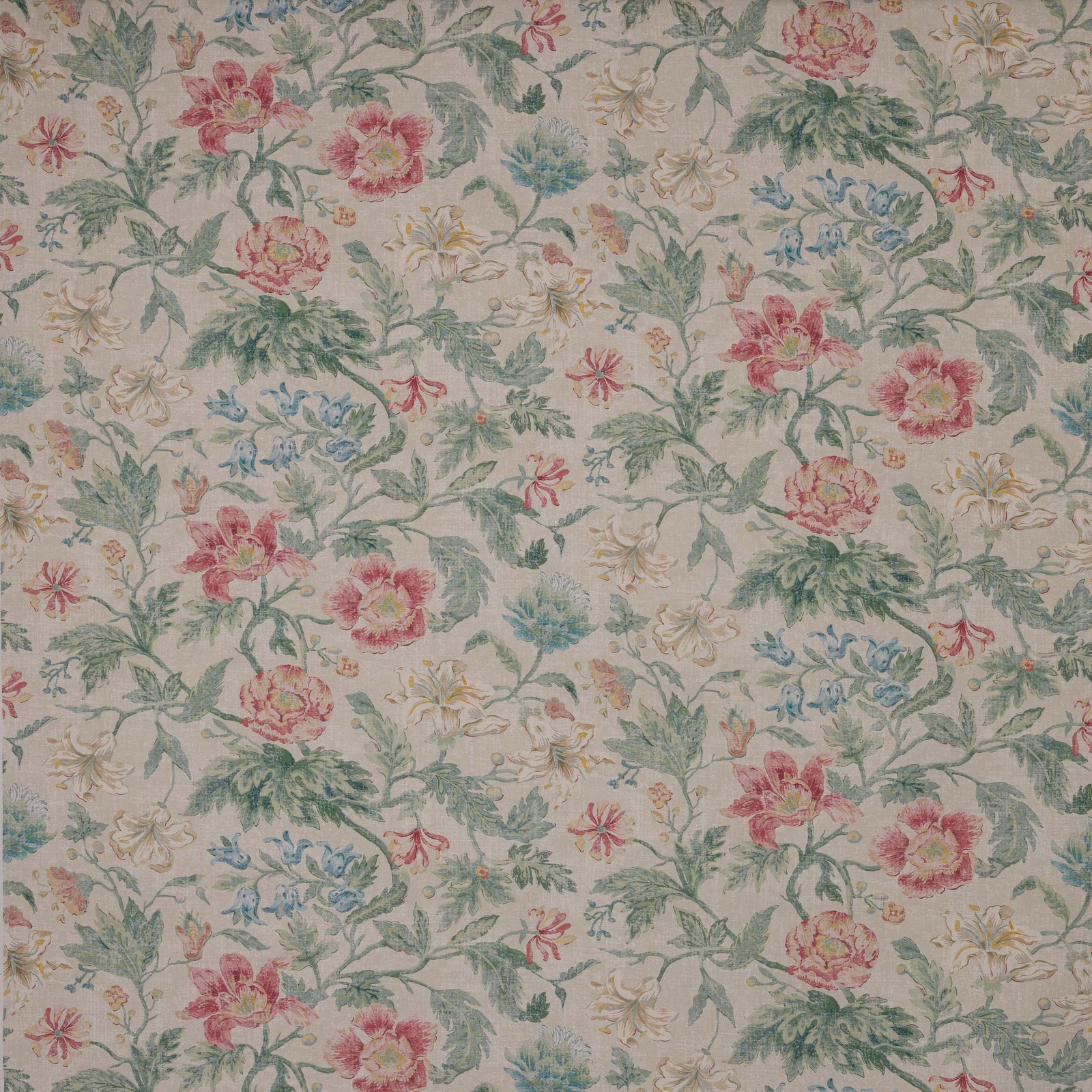 Floral linen swatch with pink blooms, green foliage and pale blue accents