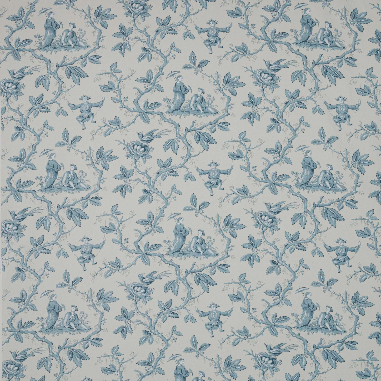 Pale aqua chinoiserie toile with figures, branches and floral motifs on ivory