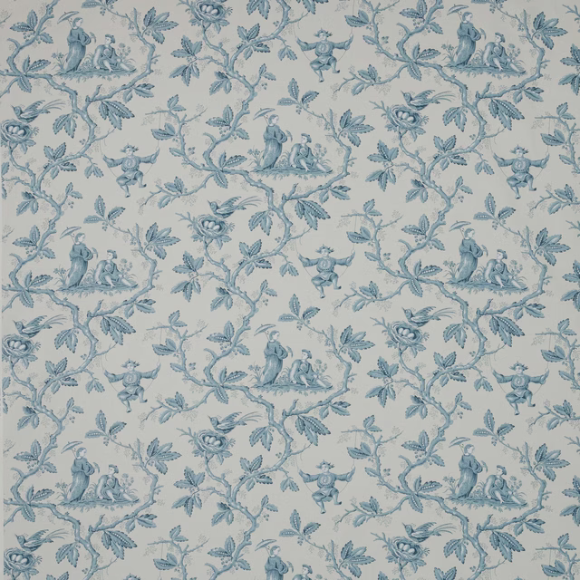 Pale aqua chinoiserie toile with figures, branches and floral motifs on ivory