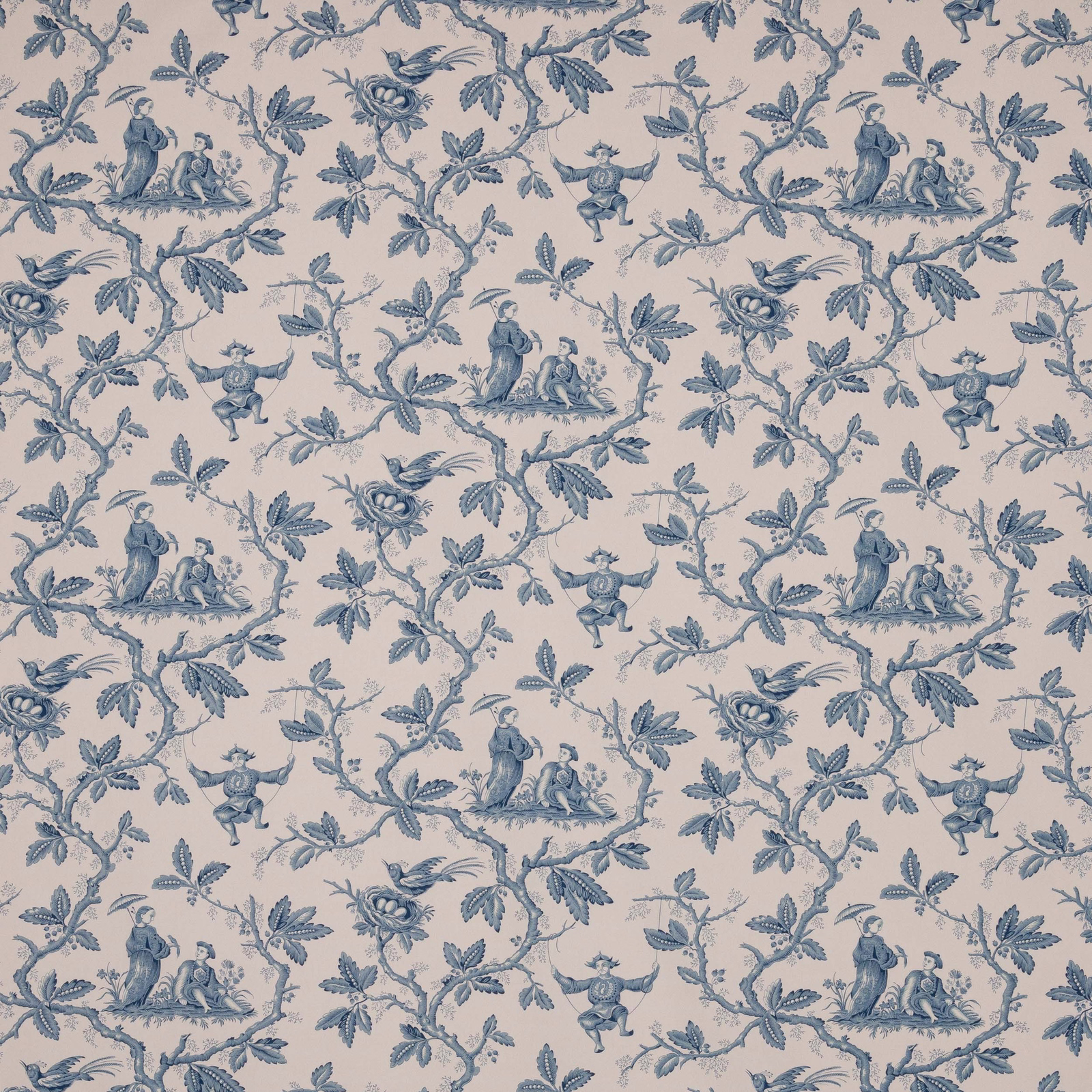 Blue chinoiserie toile with figures, birds and vines on a pale ground